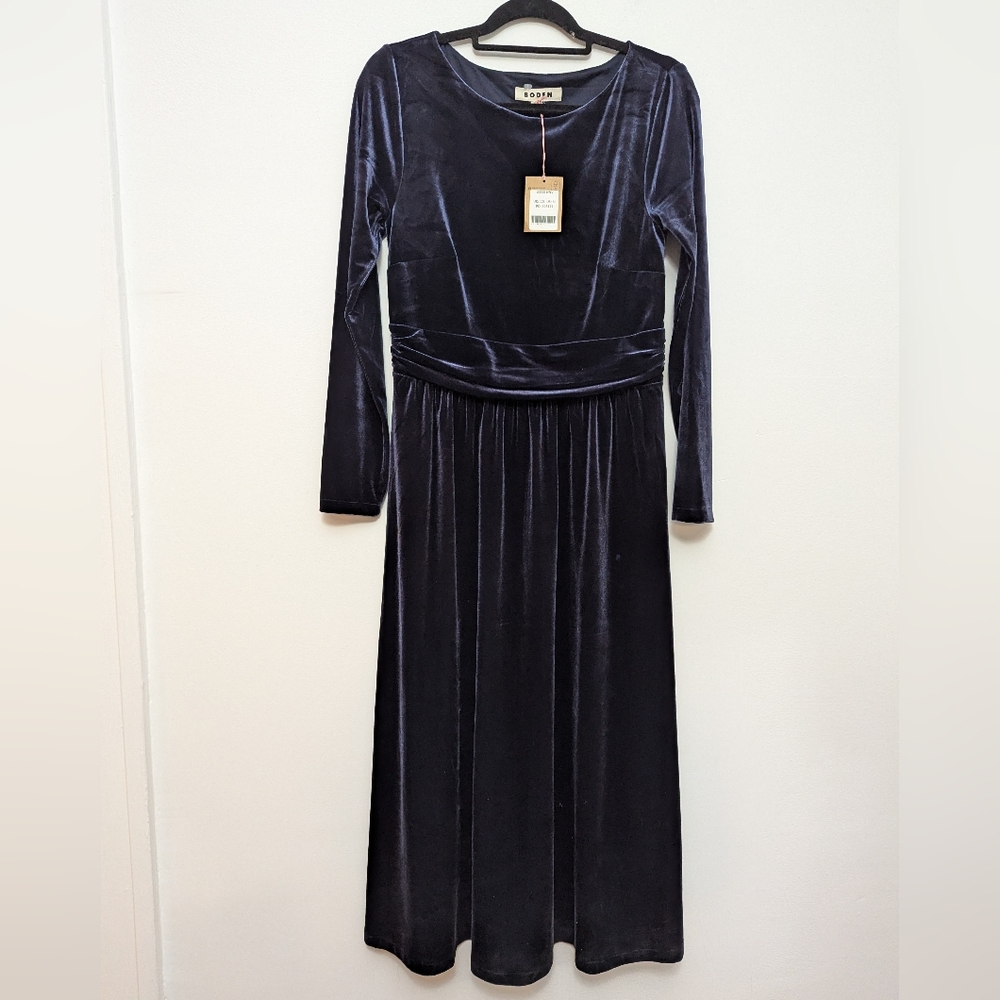 Boden Lois Velvet Midi Dress In Navy Blue 8L Rusched Waist Holiday Whimsigoth - Picture 3 of 11